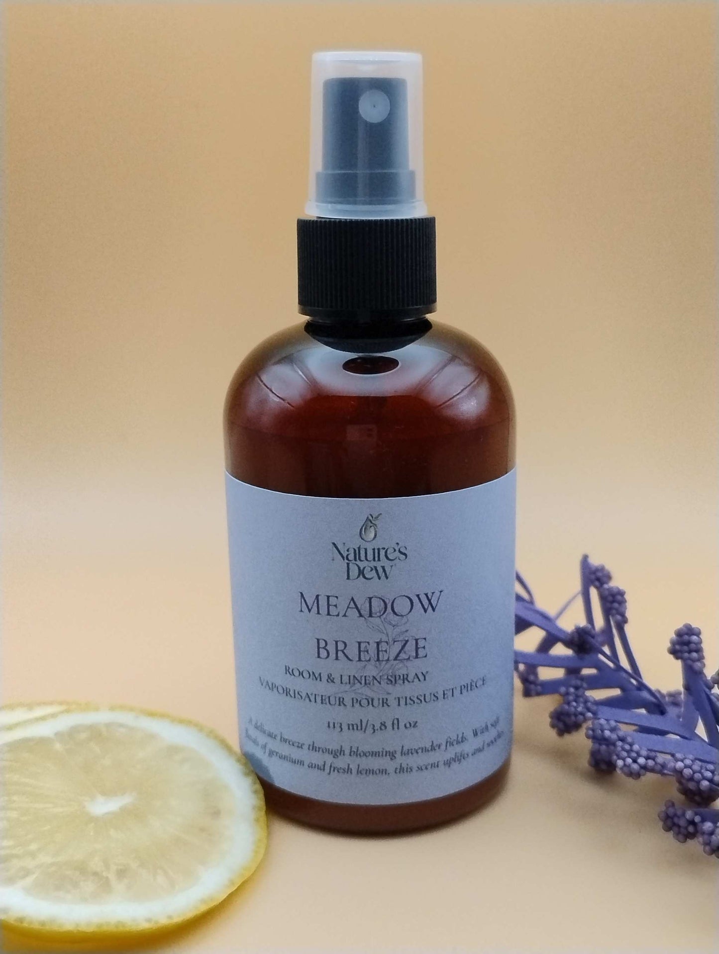 Meadow Breeze Room & Linen Spray with lavender and lemon display.