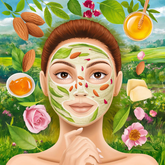Natural skincare benefits, featuring nourishing ingredients like almonds, honey, and rose petals for glowing skin.
