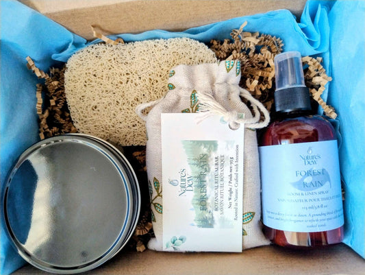 Forest Rain Deluxe Ritual set with candle, botanical soap bar, room and linen spray in blue gift box