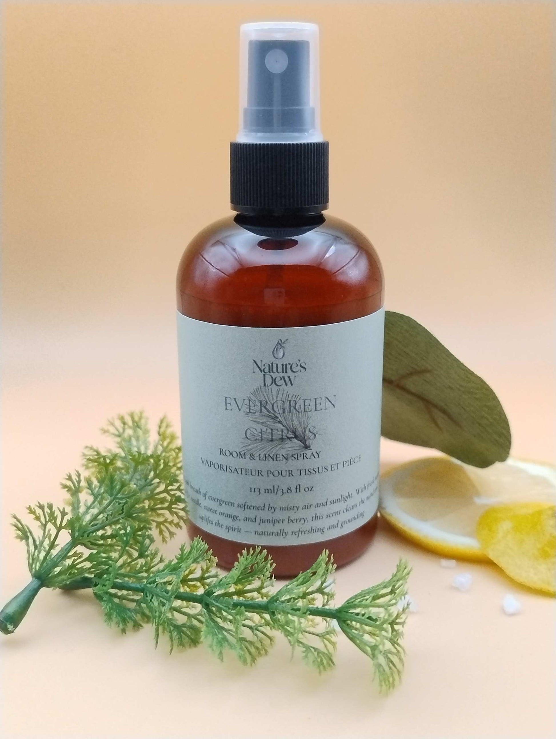 Evergreen Citrus Room & Linen Spray - Crisp, revitalizing scent with fir needle and sweet orange notes, 113 mL.